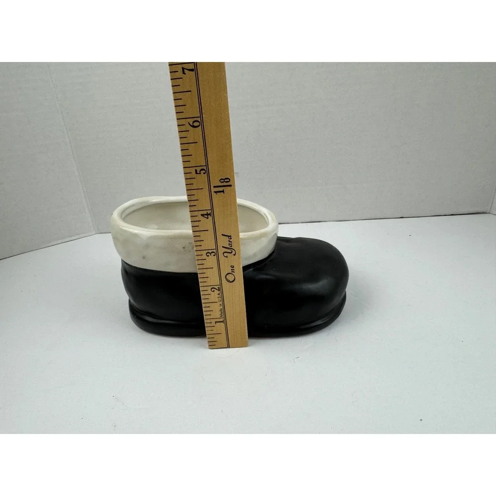 Pottery Barn Santa Boot Ceramic Planter Candy Dish Black White Holiday Decor